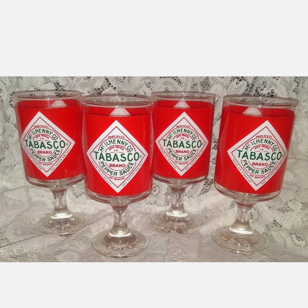 Vintage 1970’s 4- Red Eye Tobasco Hot Sauce Glass Goblets ~ Bloody Mary Drink